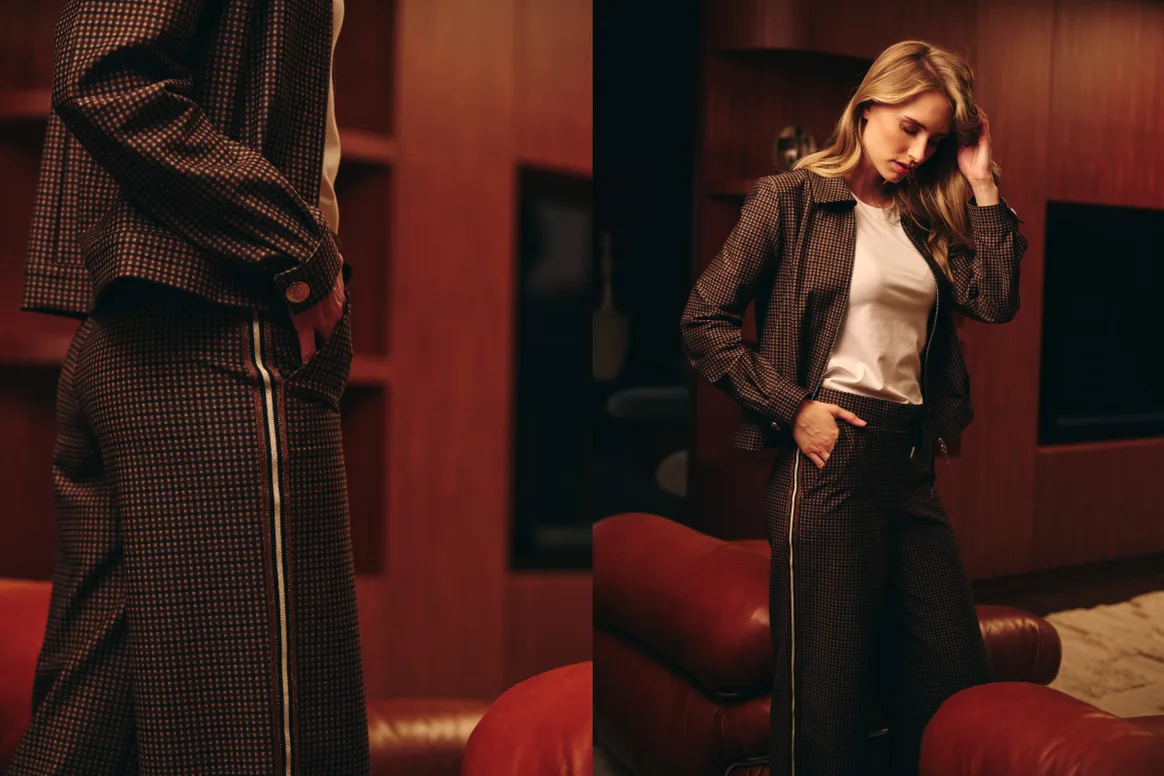 Jacket Emmy Harris Tweed Choco en Broek Nova Lano Tape Harris Tweed Choco.